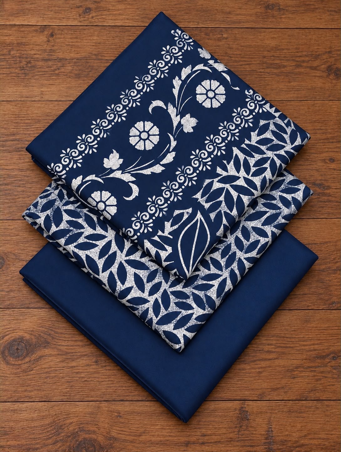 Folded navy Dhanak block-print shirt, printed dupatta and plain trouser fabric