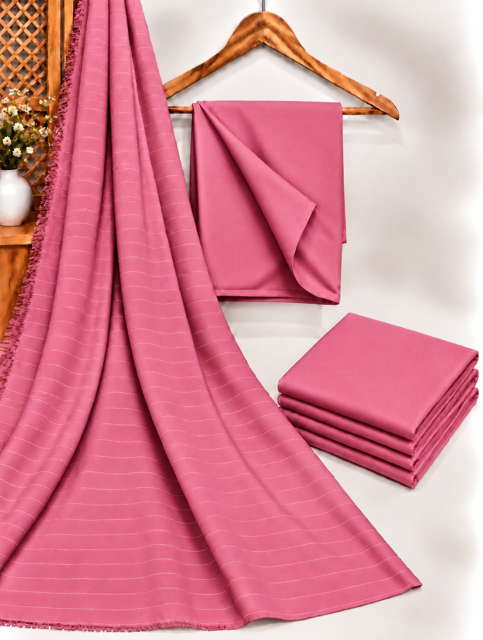 Pink Dhanak shirt and trouser fabric with chamki zari striped velvet shawl