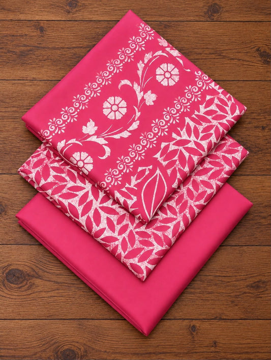 Folded pink Dhanak block-print shirt, printed dupatta and plain trouser fabric
