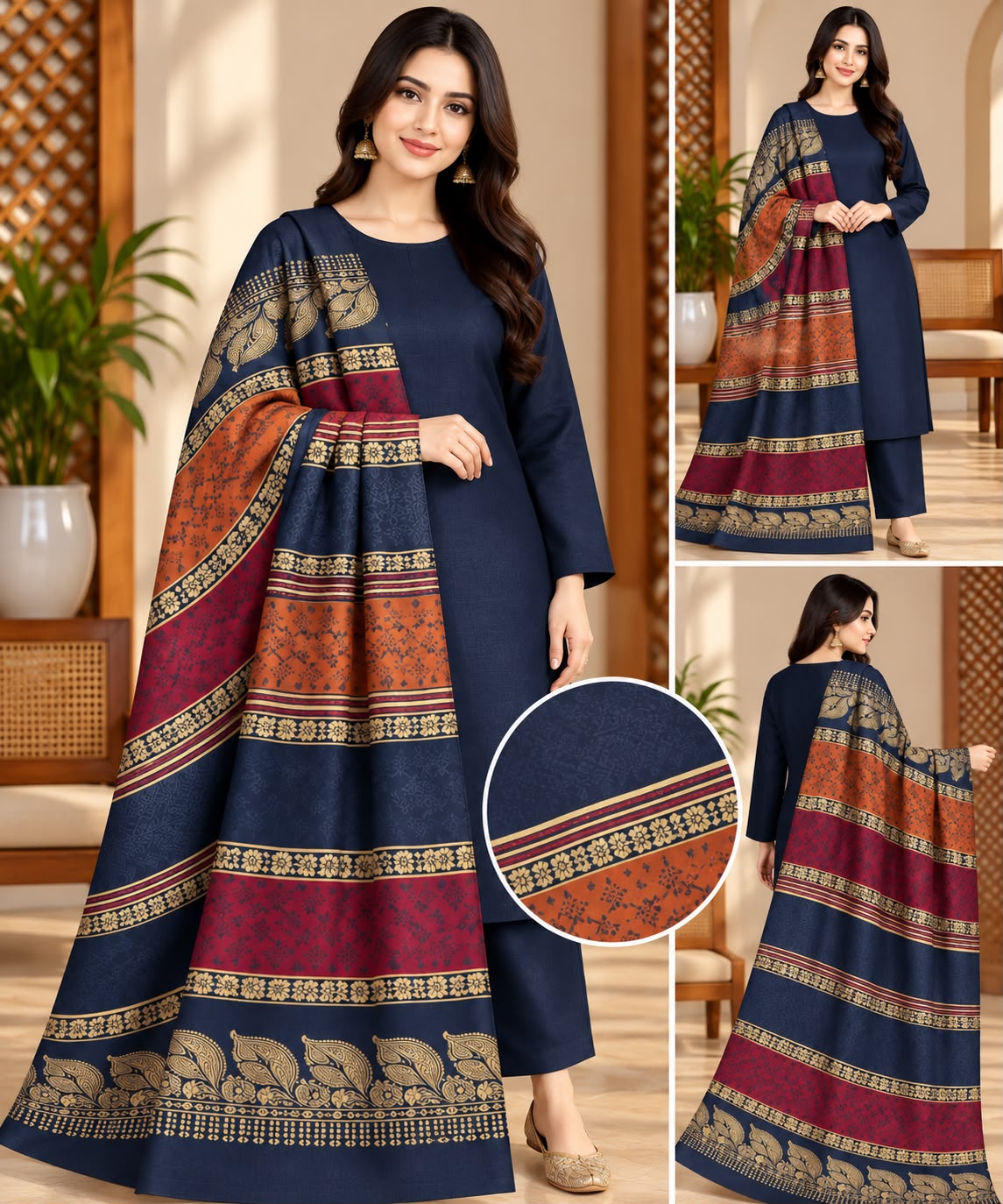 Navy Dhanak 3-piece suit with jacquard shawl in rust and maroon striped border