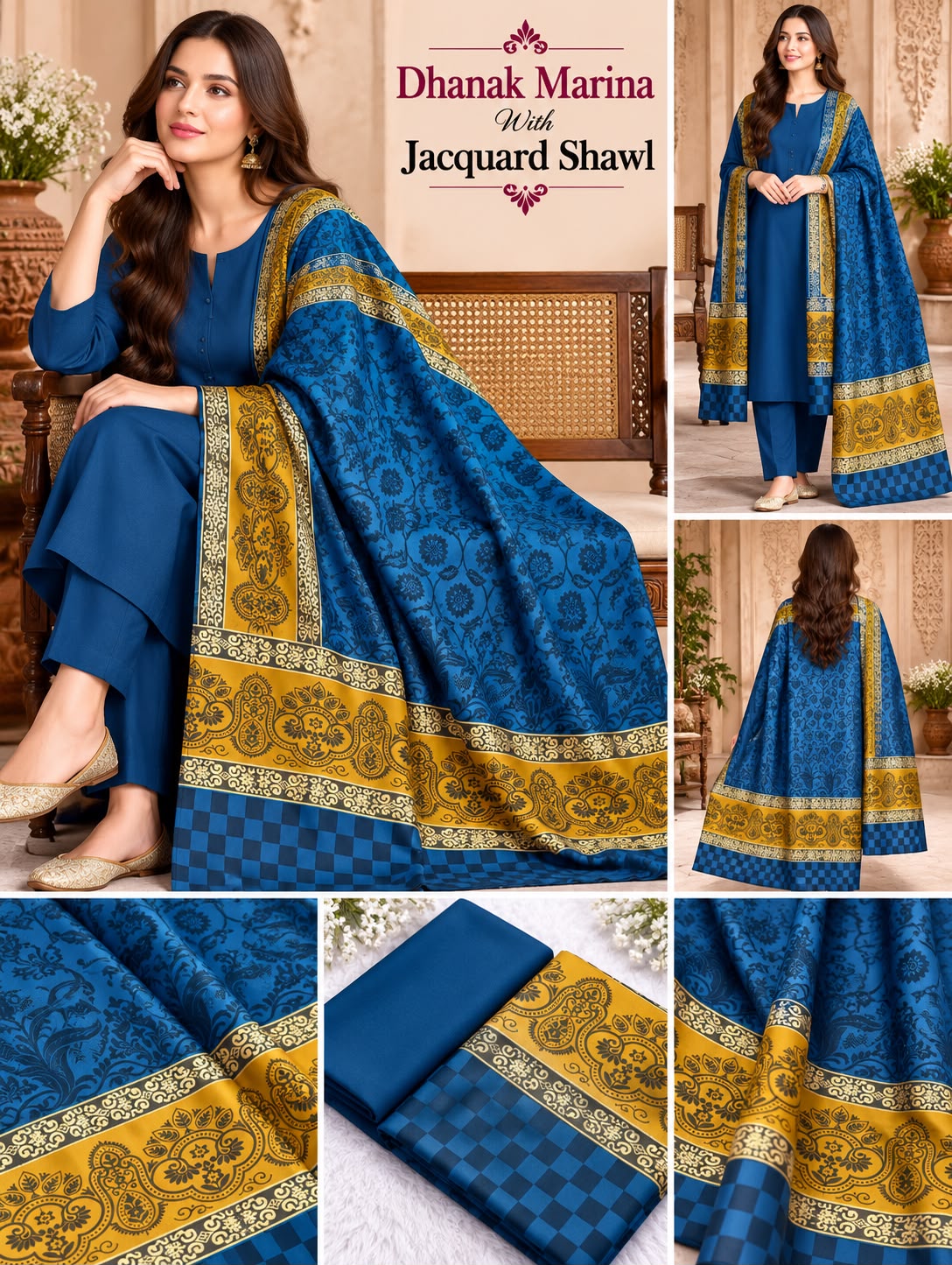Royal blue Dhanak Marina 3-piece suit with jacquard shawl and mustard checkered border