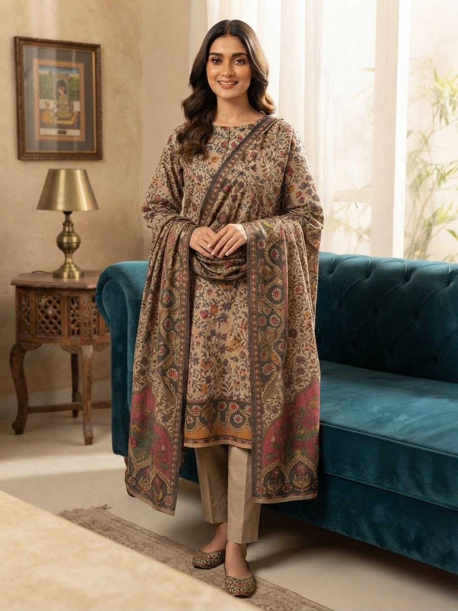 Model wearing beige Kalamkari printed winter shirt with matching shawl and plain trouser