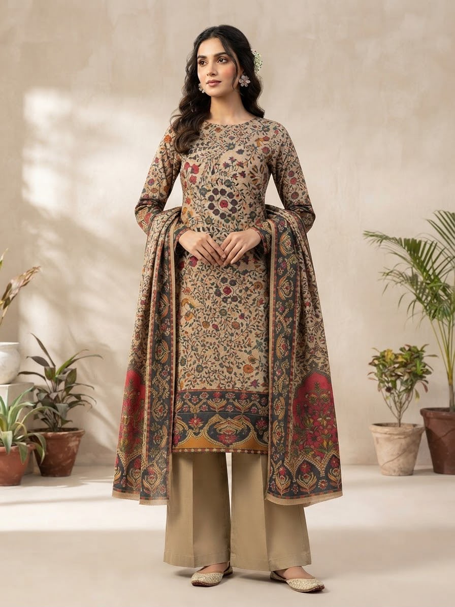 Front view of Kalamkari 3-piece suit with shawl draped over the shoulder
