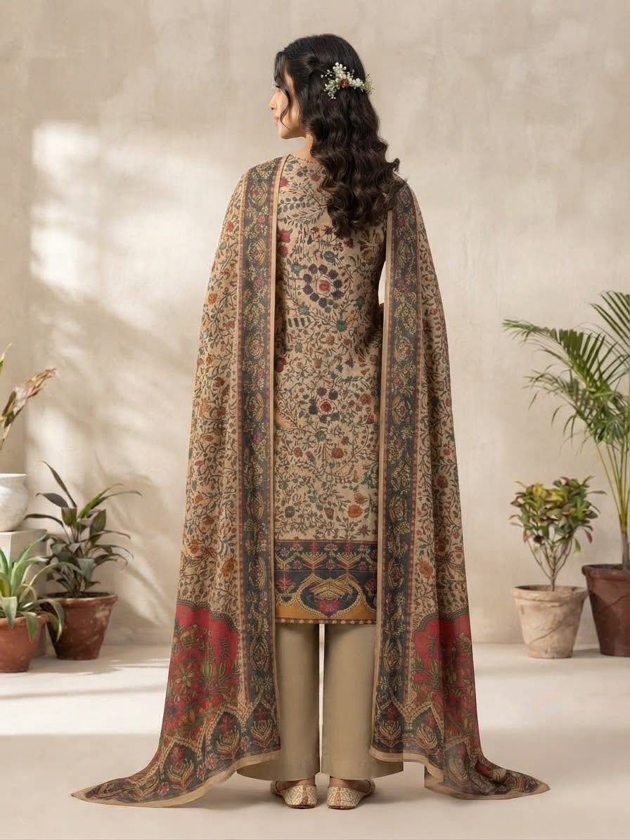 Back view of Kalamkari winter suit with full-length printed shawl