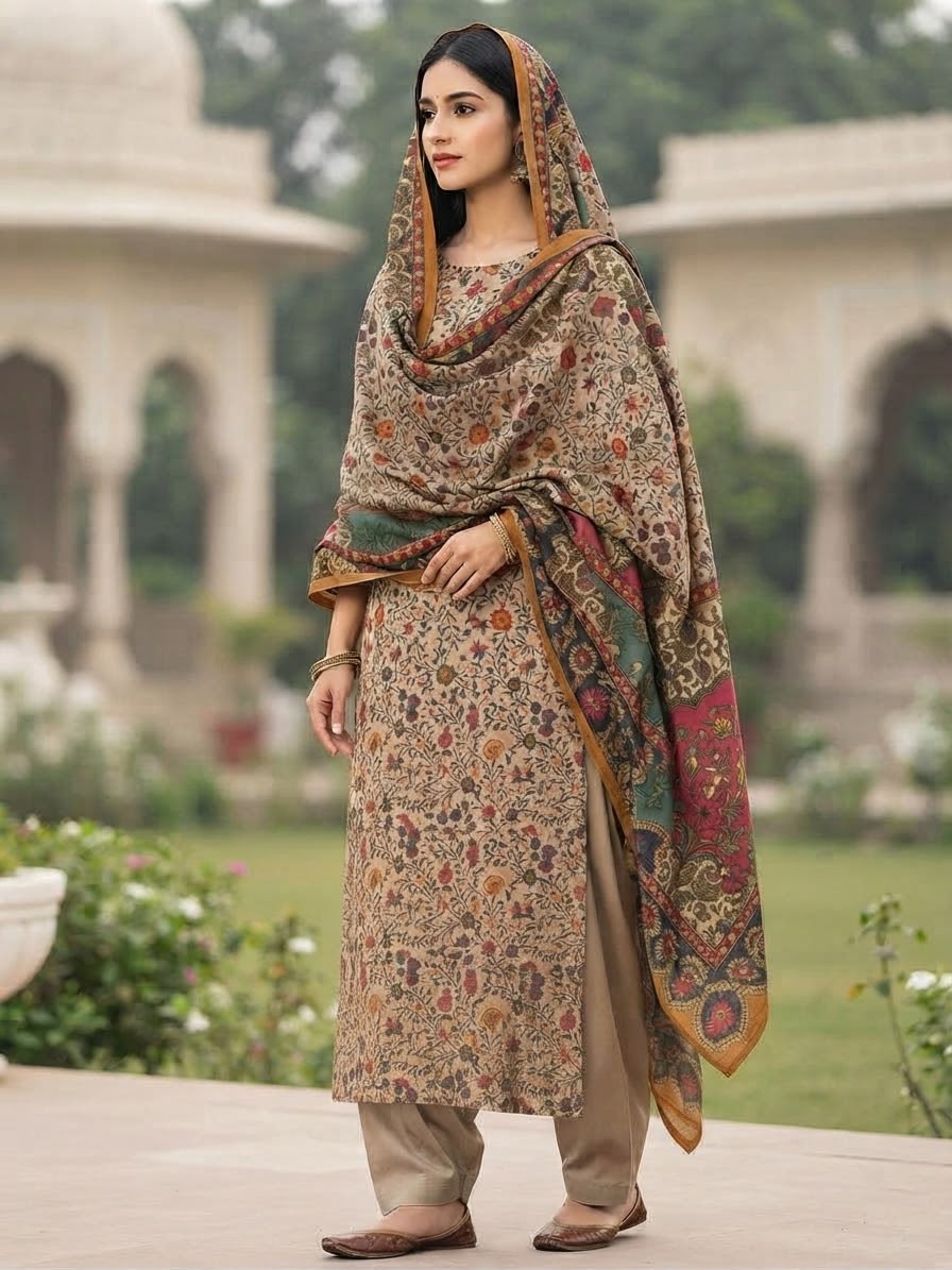 Kalamkari shawl draped over the head showing the arched floral border
