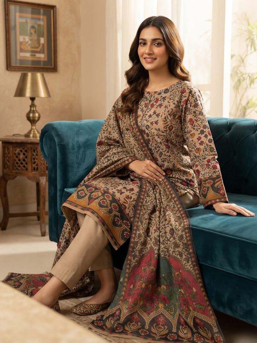 Seated view showing Kalamkari shirt print and shawl border detail