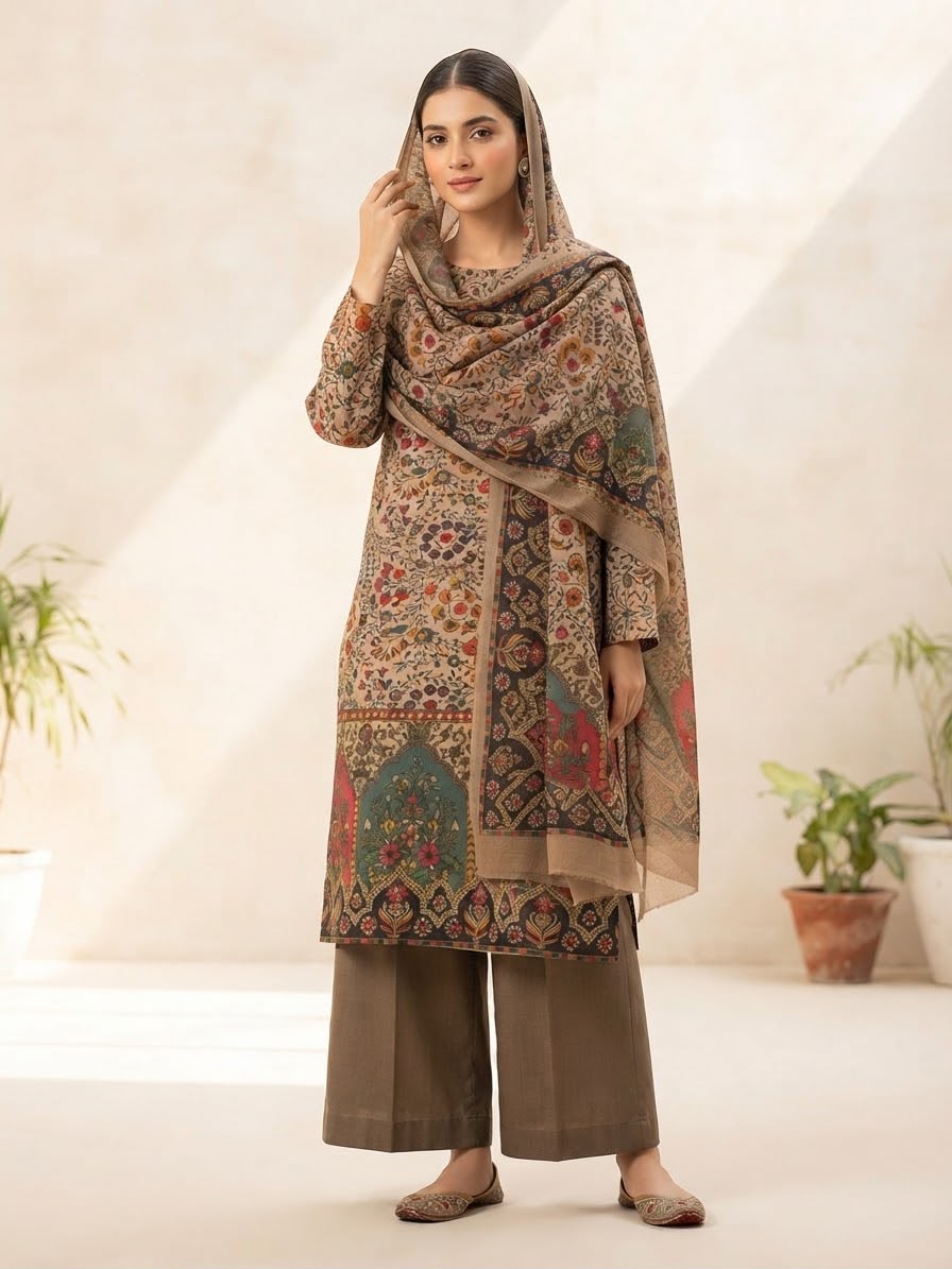 Kalamkari winter 3-piece suit with shawl worn as a headscarf