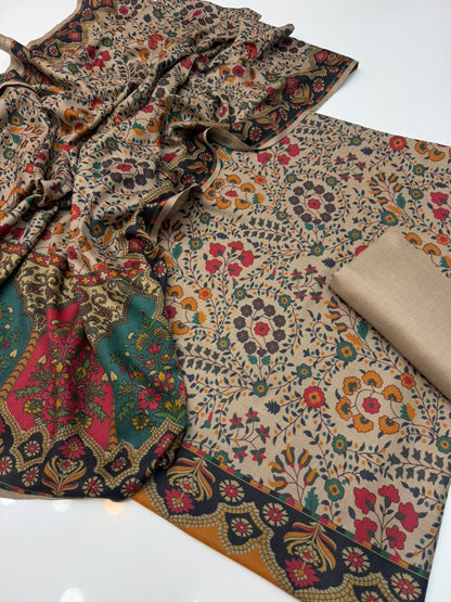 Kalamkari shirt fabric and shawl showing red and teal border panels