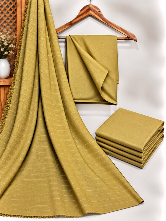 Mehndi Dhanak shirt and trouser fabric with chamki zari striped velvet shawl