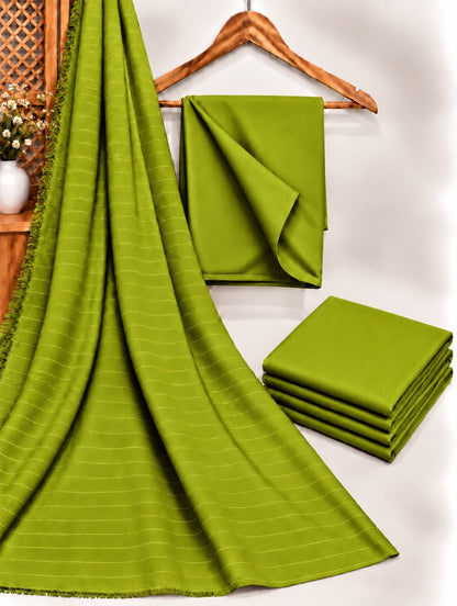 Parrot Green Dhanak shirt and trouser fabric with chamki zari striped velvet shawl