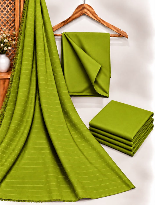 Parrot Green Dhanak shirt and trouser fabric with chamki zari striped velvet shawl