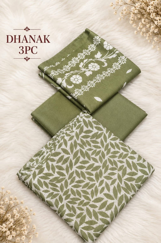 Folded olive Dhanak block-print shirt, printed dupatta and plain trouser fabric