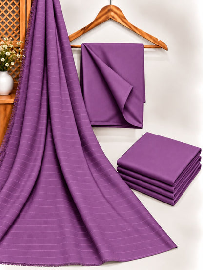 Purple Dhanak shirt and trouser fabric with chamki zari striped velvet shawl