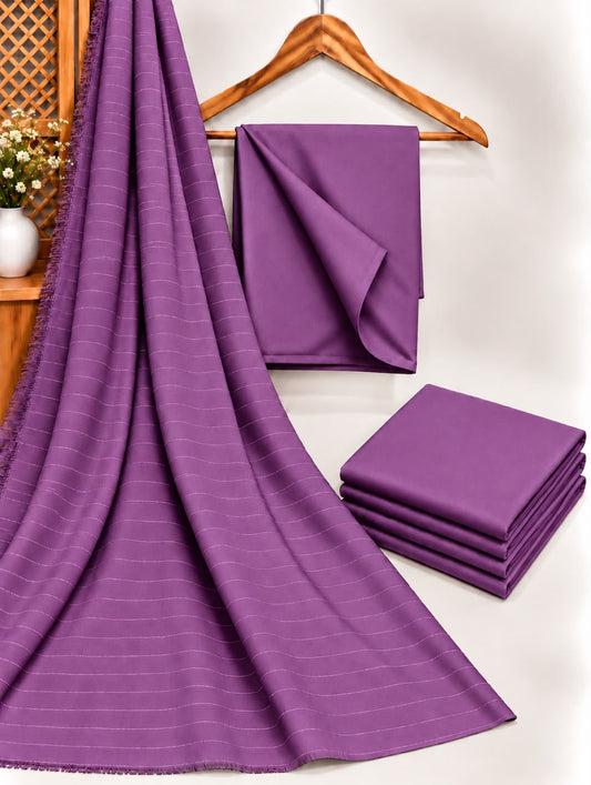Purple Dhanak shirt and trouser fabric with chamki zari striped velvet shawl