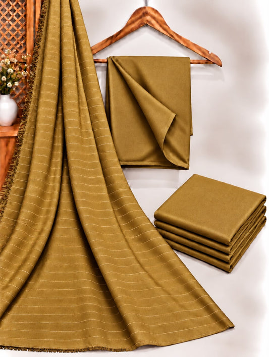 Mustard Dhanak shirt and trouser fabric with chamki zari striped velvet shawl
