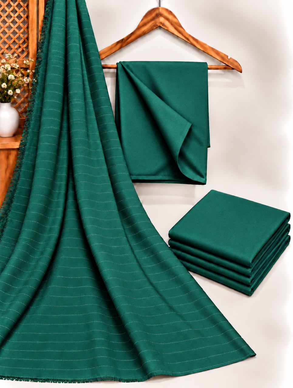 Emerald Green Dhanak shirt and trouser fabric with chamki zari striped velvet shawl