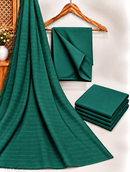 Emerald Green Dhanak shirt and trouser fabric with chamki zari striped velvet shawl