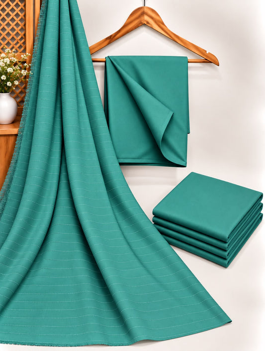Teal Dhanak shirt and trouser fabric with chamki zari striped velvet shawl
