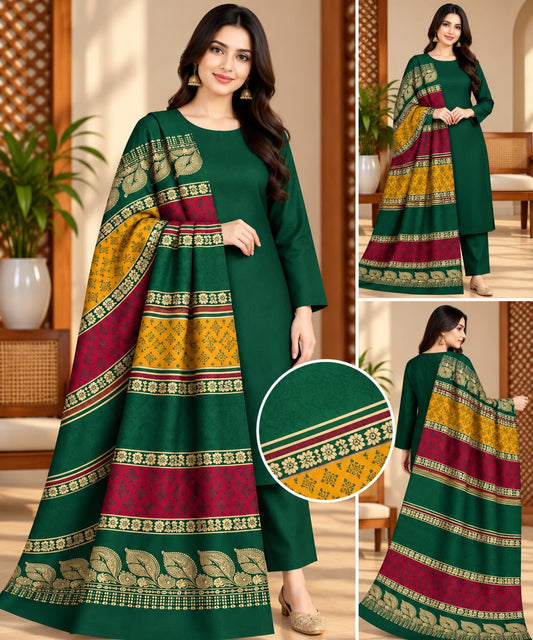 Green Dhanak 3-piece suit with jacquard shawl in mustard and maroon striped border