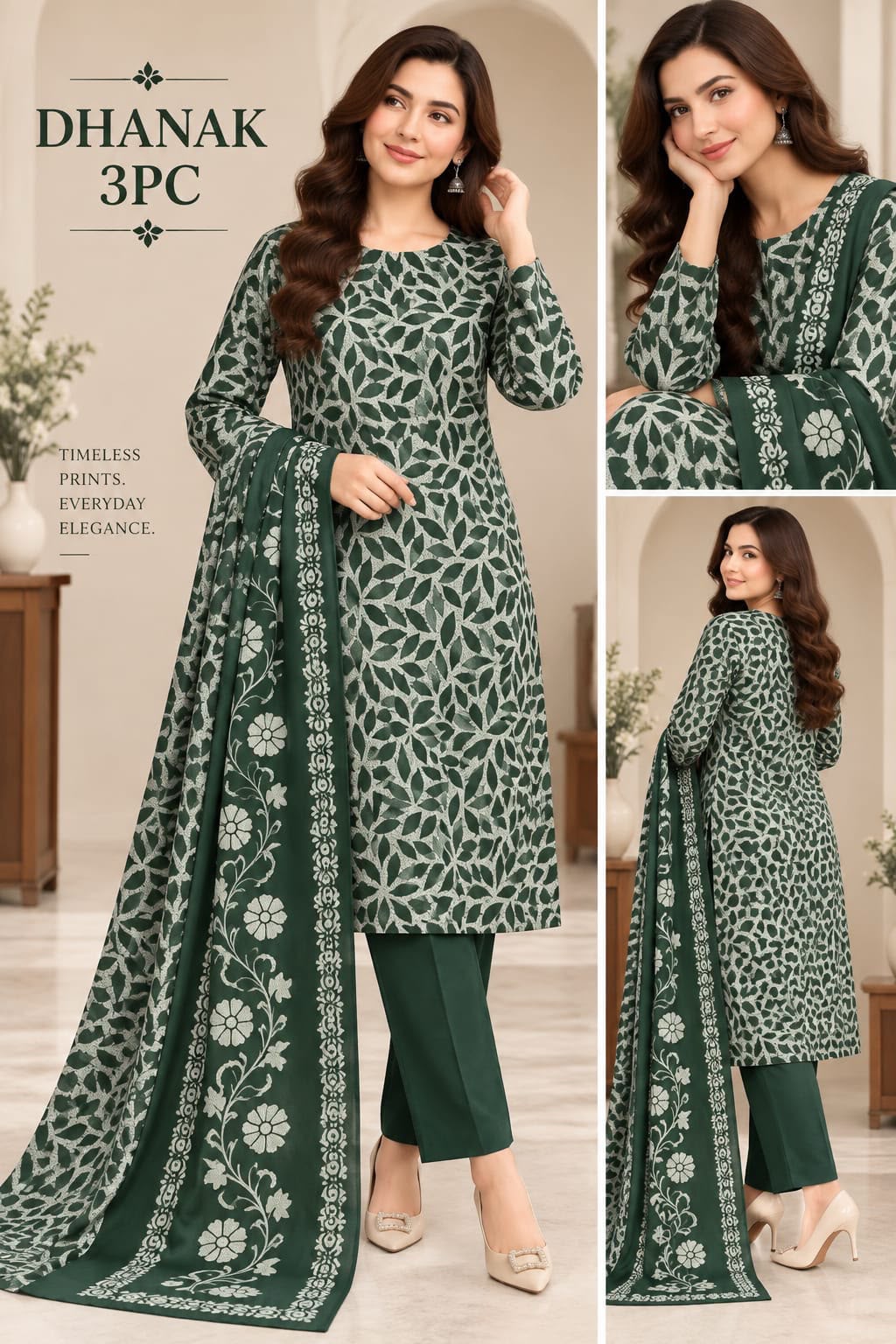 Model wearing bottle green Dhanak block-print 3-piece suit with printed dupatta and plain trouser