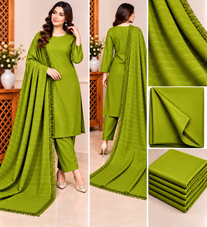 Model wearing parrot green chamki zari Dhanak 3-piece suit with matching velvet shawl, front and back views