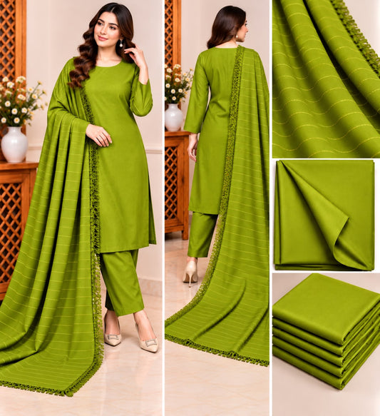Model wearing parrot green chamki zari Dhanak 3-piece suit with matching velvet shawl, front and back views
