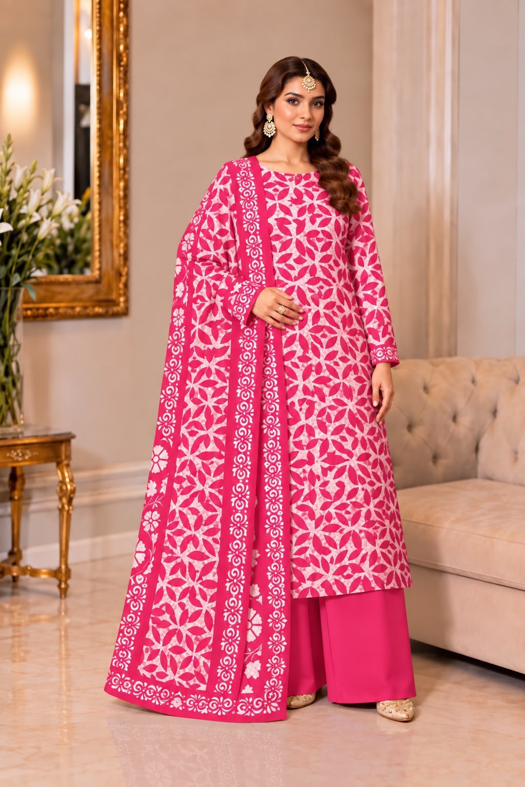 Model wearing pink Dhanak block-print 3-piece suit with printed dupatta and plain trouser