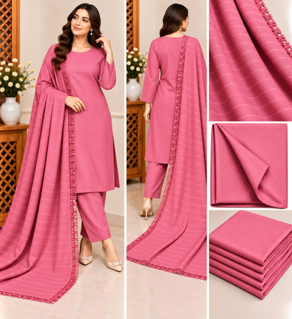 Model wearing pink chamki zari Dhanak 3-piece suit with matching velvet shawl, front and back views