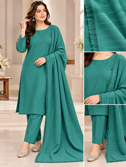 Model wearing teal chamki zari Dhanak 3-piece suit with matching velvet shawl, front and back views
