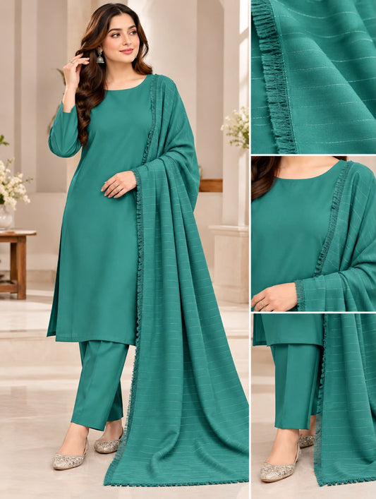 Model wearing teal chamki zari Dhanak 3-piece suit with matching velvet shawl, front and back views