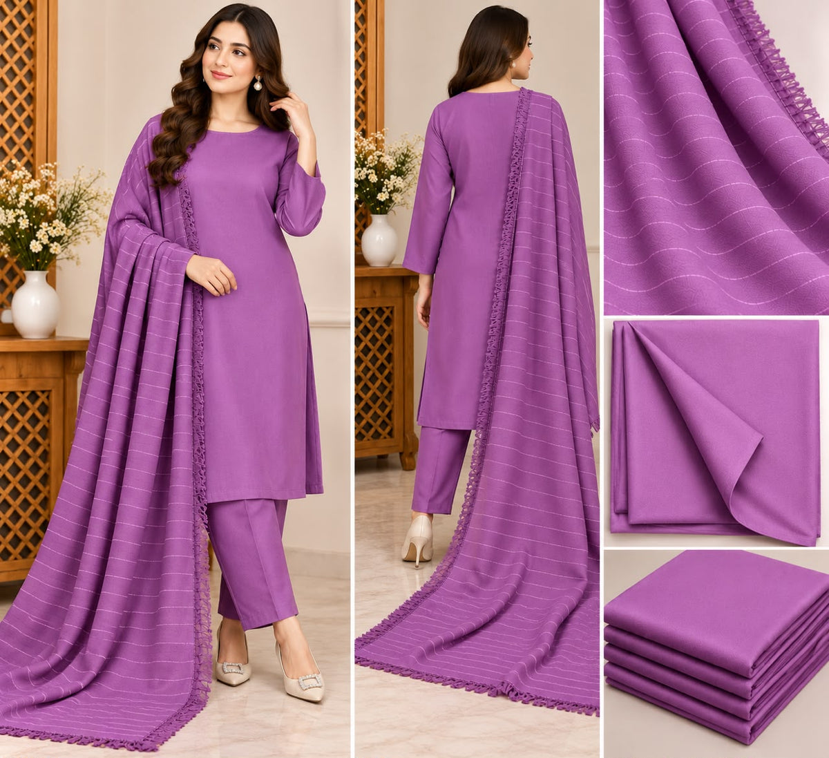 Model wearing purple chamki zari Dhanak 3-piece suit with matching velvet shawl, front and back views