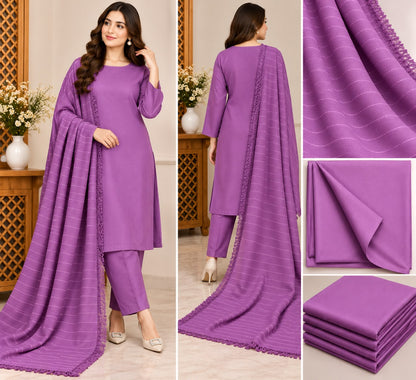 Model wearing purple chamki zari Dhanak 3-piece suit with matching velvet shawl, front and back views