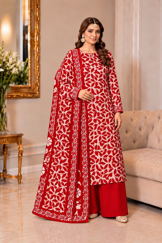 Model wearing red Dhanak block-print 3-piece suit with printed dupatta and plain trouser