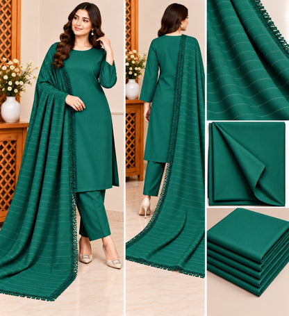 Model wearing emerald green chamki zari Dhanak 3-piece suit with matching velvet shawl, front and back views