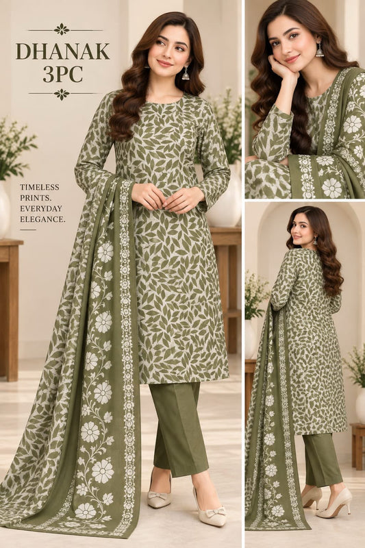 Model wearing olive Dhanak block-print 3-piece suit with printed dupatta and plain trouser
