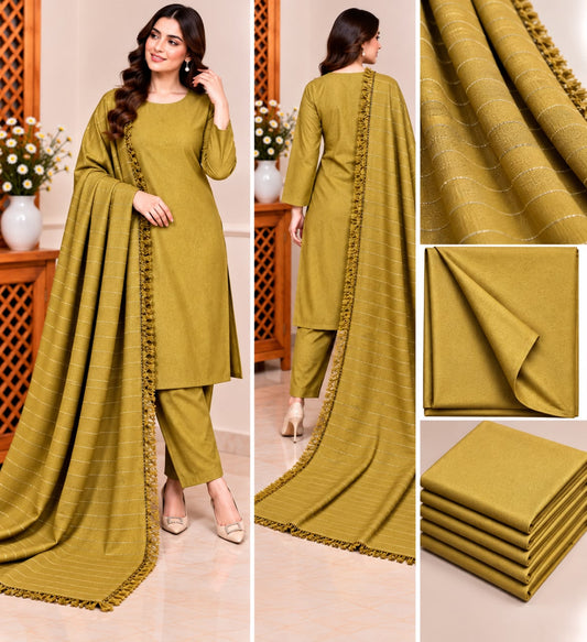 Model wearing mehndi chamki zari Dhanak 3-piece suit with matching velvet shawl, front and back views