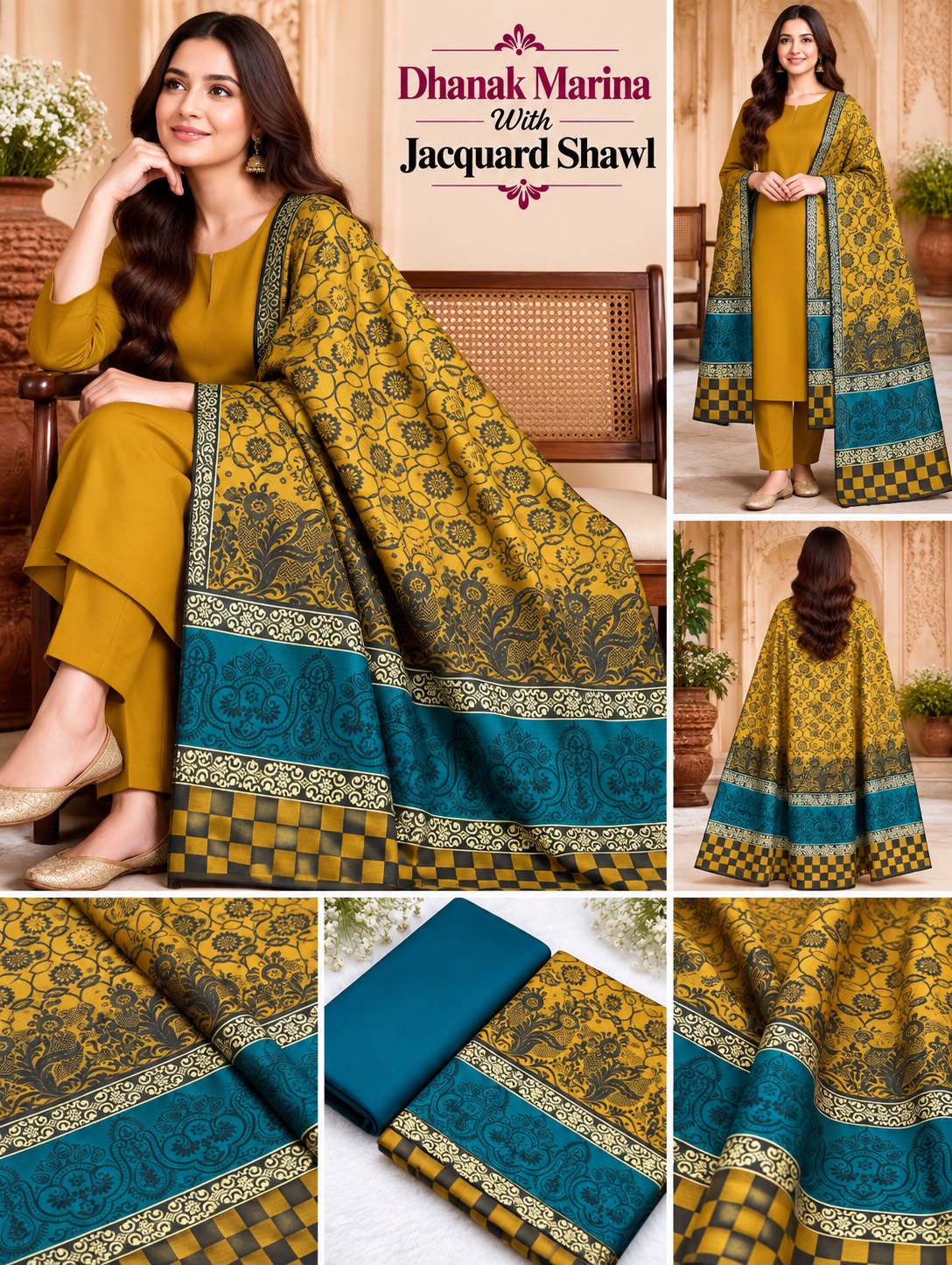 Mustard Dhanak Marina 3-piece suit with all-over jacquard shawl and teal checkered border
