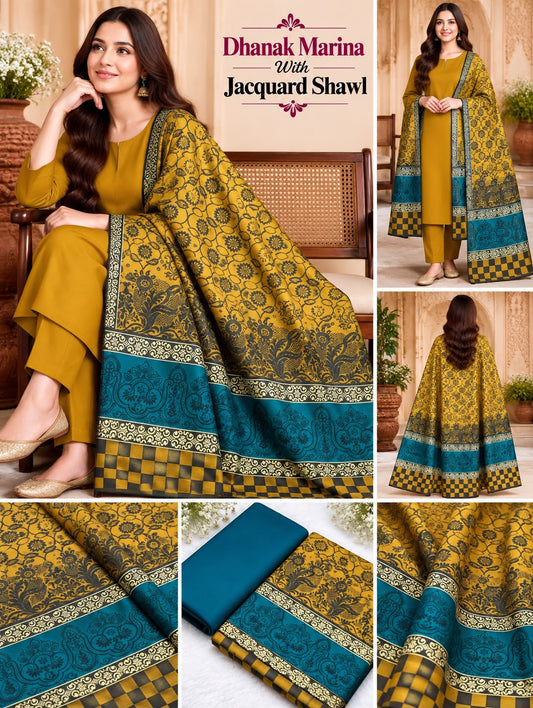 Mustard Dhanak Marina 3-piece suit with all-over jacquard shawl and teal checkered border