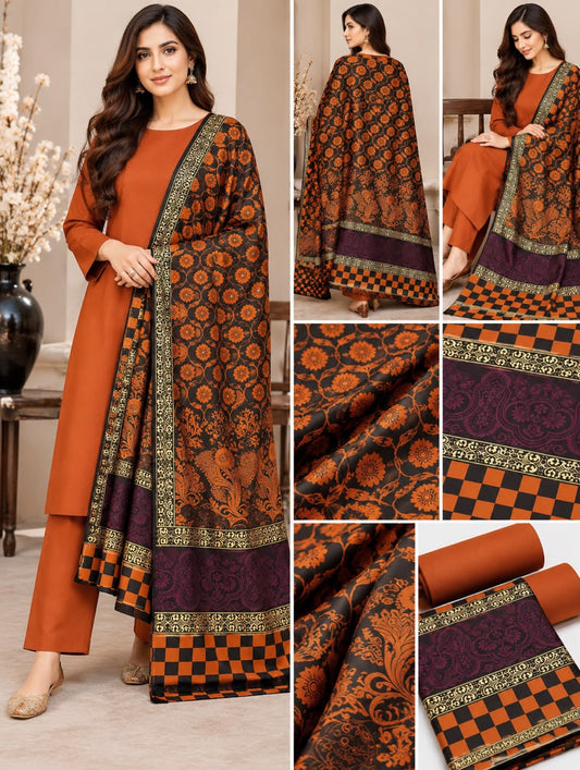 Rust Dhanak Marina 3-piece suit with black and orange jacquard shawl and checkered border