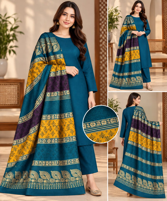 Teal Dhanak 3-piece suit with jacquard shawl in mustard and purple striped border